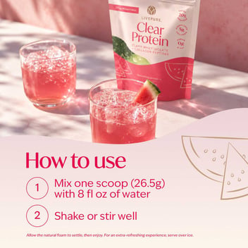 Clear protein from clear whey isolate and collagen peptides. 20g of total protein. crisp watermelon flavor.