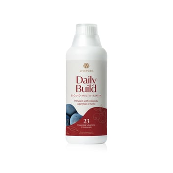 Bottle of Daily Build Liquid multivitamin with plant-based ingredients, supporting overall wellness, heart, brain, immune, and bone health. livepure.com