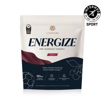 Livepure energize. GPS energize. pre-workout energy. cherry flavor. helps activate muscles and boost cellular energy.