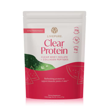 Clear protein from clear whey isolate and collagen peptides. 20g of total protein. crisp watermelon flavor.