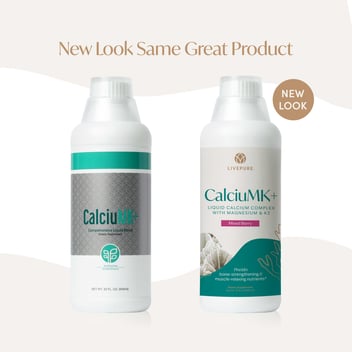 Bottle of CalciuMK+ liquid calcium supplement with vitamins, trace minerals, and support for bones, muscles, and restful sleep. livepure. we deliver whole health.