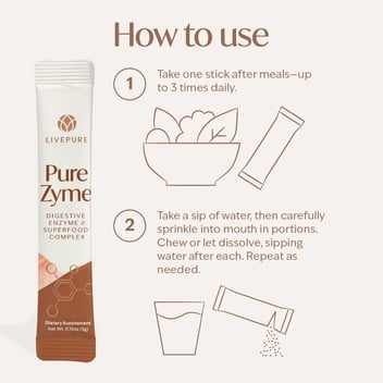 purezyme, how to use. digestive enzymes. amylase. protease. gut health. effective digestive supplement. livepure.