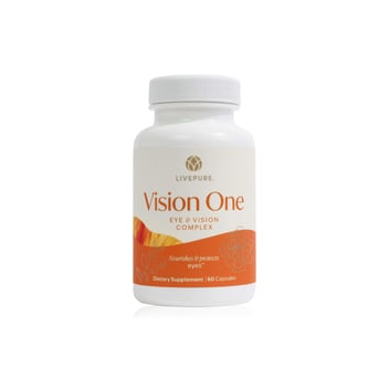 vision one eye supplement, 60ct. Includes lutein, zeaxanthin, and astaxanthin. helps protect and maintain healthy eye function. livepure.