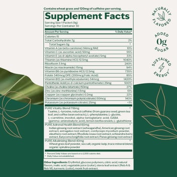 focus + energy, fruit punch. vitamin and herbal blend. support mental performance. natural sources of caffeine. clean, natural energy drink alternative. livepure.com. zero added sugar. naturally flavored. sustained energy. Convenient stickpacks.benefits. 