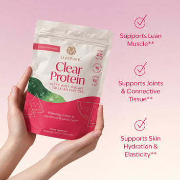Clear protein from clear whey isolate and collagen peptides. 20g of total protein. crisp watermelon flavor.