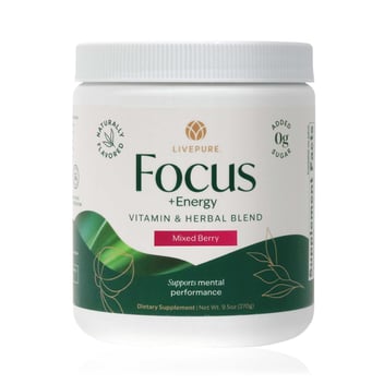 Mixed Berry Focus + Energy tub with a vitamin and herbal blend—naturally flavored formula designed to boost focus and energy with zero added sugars and naturally sourced caffeine