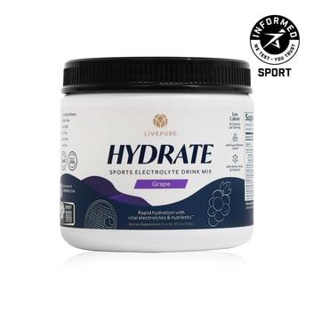 hydrate, sports electrolyte drink mix. grape flavor. rapid hydration with electrolytes and nutrients. informed sport certified. low calorie.