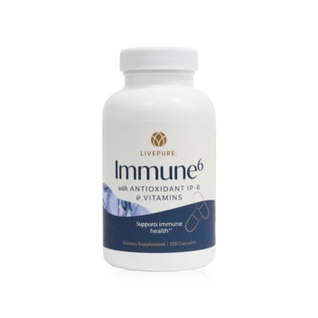 Bottle of Immune 6 supplement by LivePURE, designed to help support the body’s natural immune defenses during seasonal changes and daily stress.