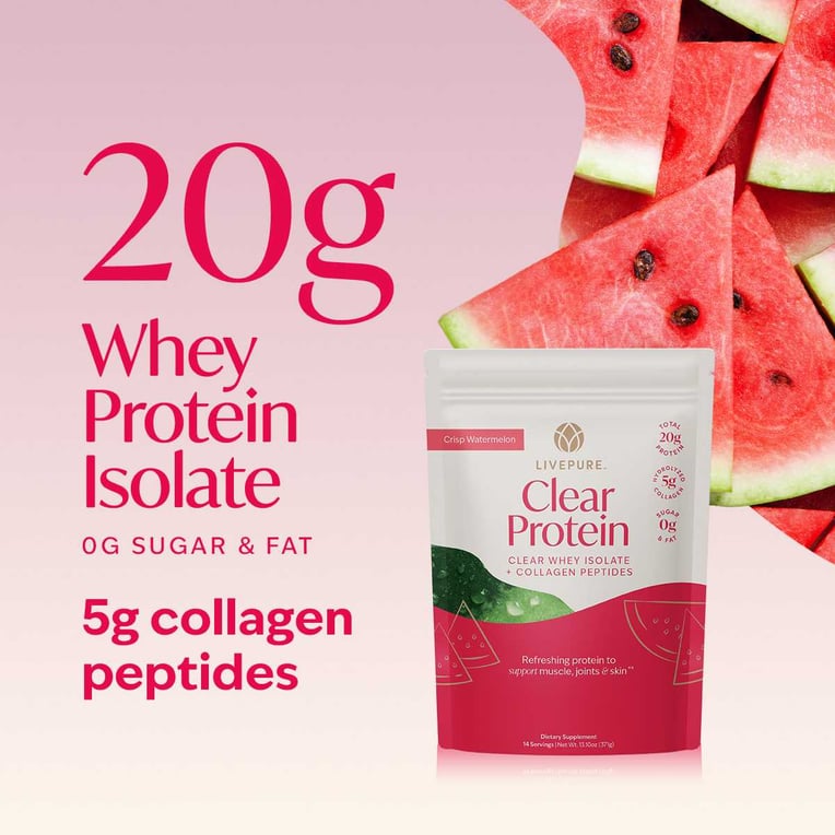 Clear protein from clear whey isolate and collagen peptides. 20g of total protein. crisp watermelon flavor.