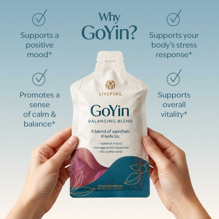 GoYin Pouches deliver a great-tasting superfruit and botanical blend to support calm, focus, and a positive mood