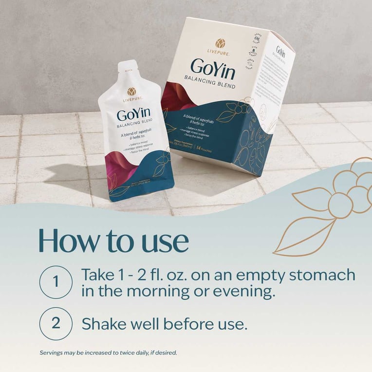 GoYin Pouches deliver a great-tasting superfruit and botanical blend to support calm, focus, and a positive mood