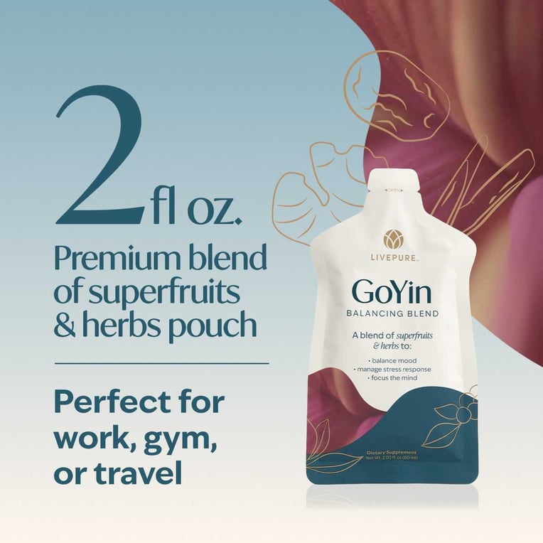 GoYin Pouches deliver a great-tasting superfruit and botanical blend to support calm, focus, and a positive mood