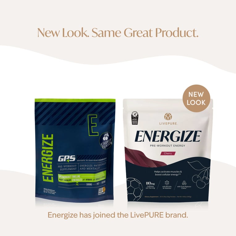 Livepure energize. GPS energize. pre-workout energy. cherry flavor. helps activate muscles and boost cellular energy. rebranded packaging: new look, same great product.