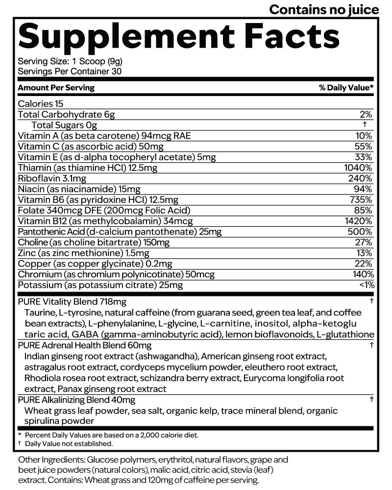 Focus + Energy Tub, Grape Supplement Facts label