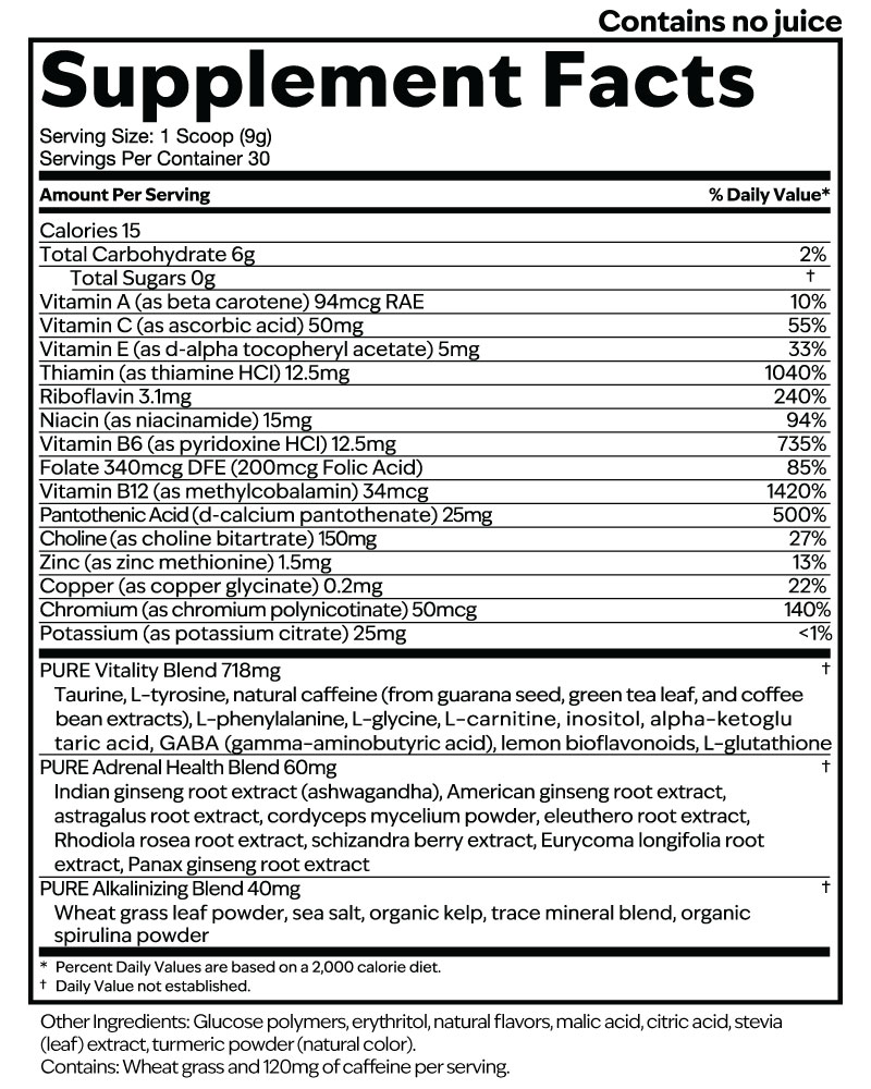 Focus + Energy Tub, Orange Mango Supplement Facts label