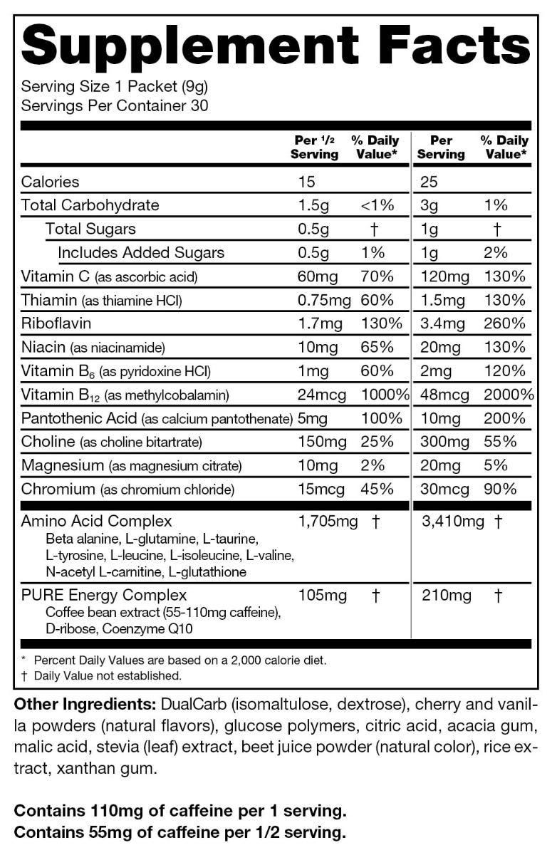 GPS Energize Sticks, Cherry Supplement Facts label