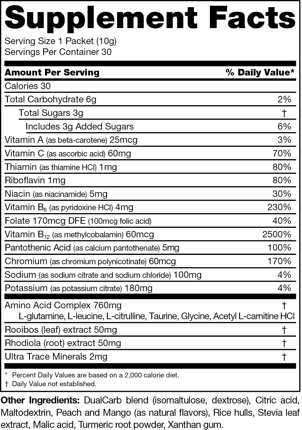GPS Hydrate Sticks, Peach Mango Supplement Facts label