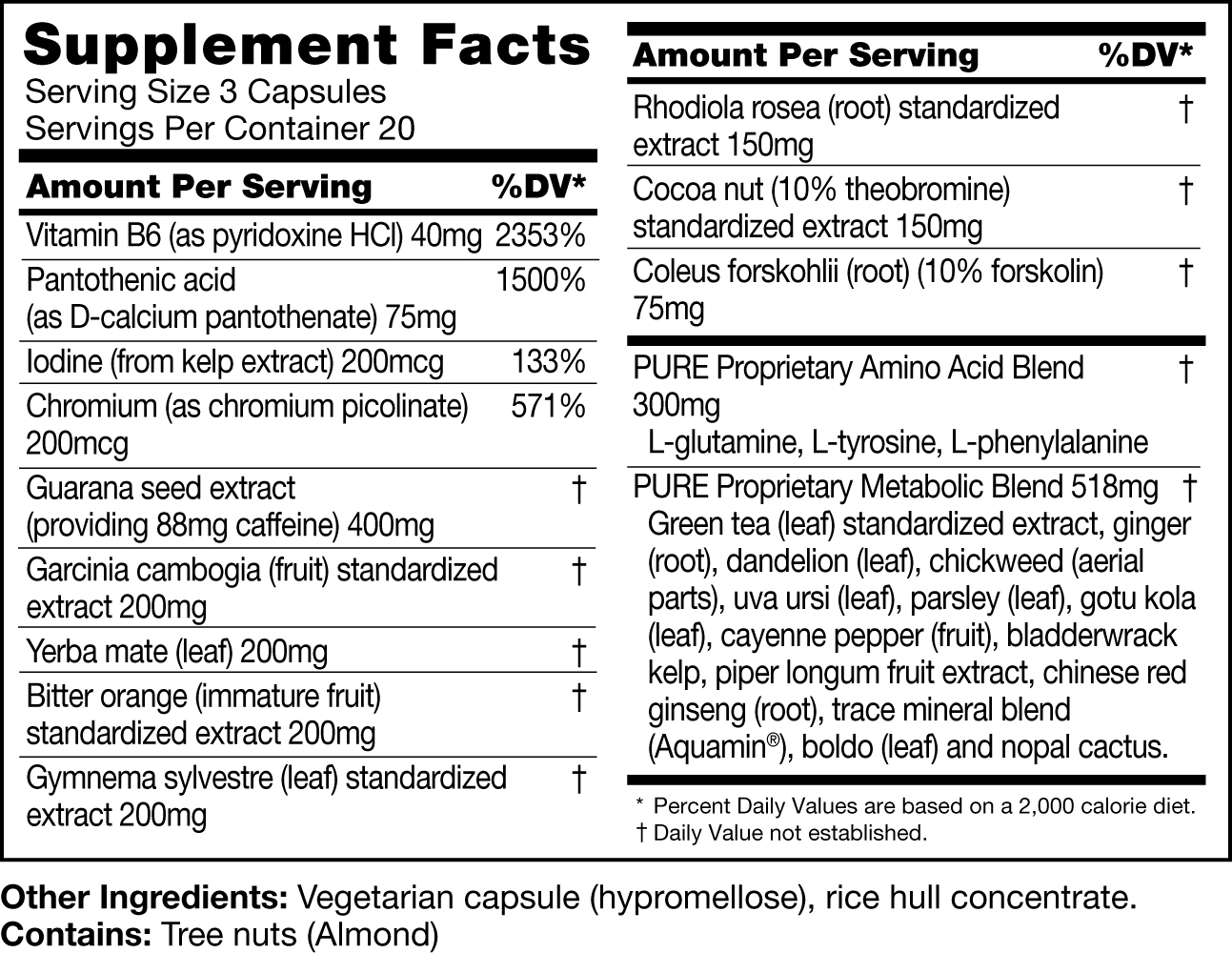 Metabolic Max 60ct Bottle Supplement Facts label